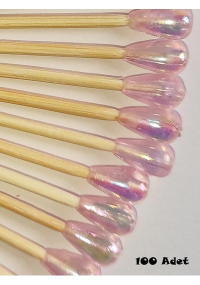 100 Adet Dekoratif Pembe Damla Boncuklu Pasta Kürdanı 6 cm - Boncuk 8 mm - Baby Shower Kürdan