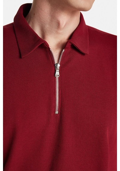 Tudors Erkek Slim Fit Dar Kesim %100 Pamuk Fermuarlı Bordo Polo Yaka Tişört-34590 Bordo