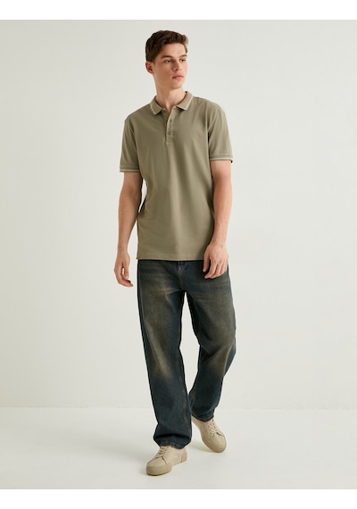 Koton Slim Fit Polo Tişört Kısa Kollu Çizgi Detaylı Pamuklu Haki 4sam10148mk Haki
