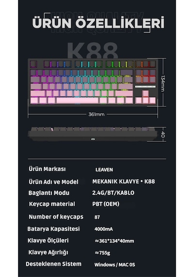K88 Mekanik Oyun Klavyesi- 3 Modlu Hot Swap Rgb 4000 Mah Batarya