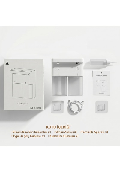 Pizen Bloom Duo Çift Hazneli Otomatik Sensörlü Şarjlı Sıvı Sabunluk 3 Kademeli Ipx5 Suya Dayanıklı Beyaz
