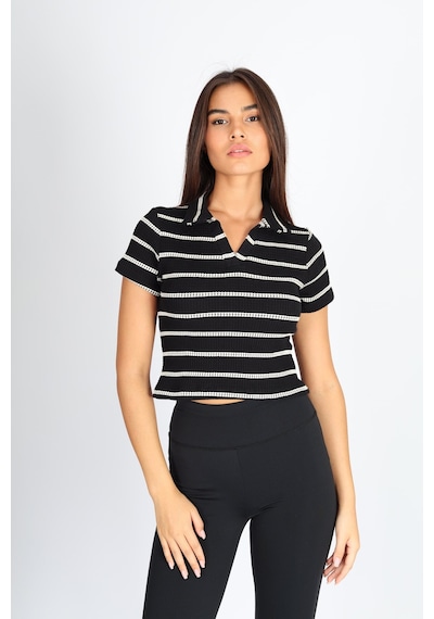 Soft&Basic Polo Yaka Raporlu Jakar Crop Fit T-shirt Siyah