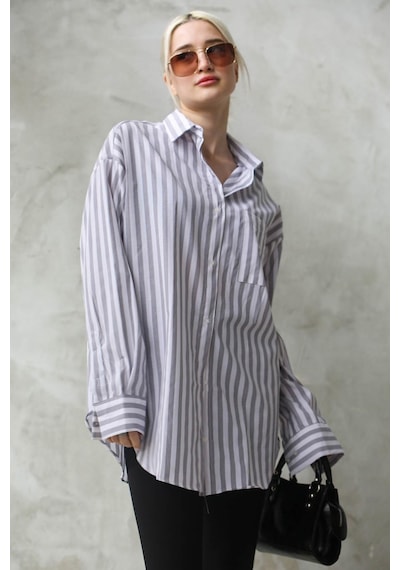 Madmext Gri Çizgili Oversize Kadın Gömlek Mg1688-gri Gri