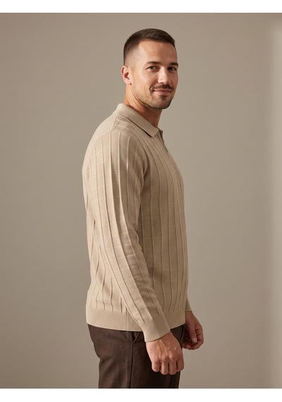 Maccali Erkek Bej Fitil Detaylı Fermuarlı Polo Yaka Triko Sweatshirt