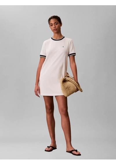 Calvin Klein Ss Ctn Monogram Strı Beyaz Kadın Regular Fit Mini Elbise