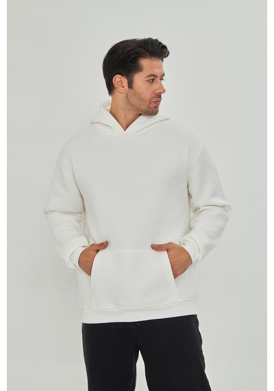 Pxm Erkek Beyaz 3 İplik Şardonlu Oversize Hoodie Kapüşonlu Sweatshirt Kırık Beyaz Kırık Beyaz