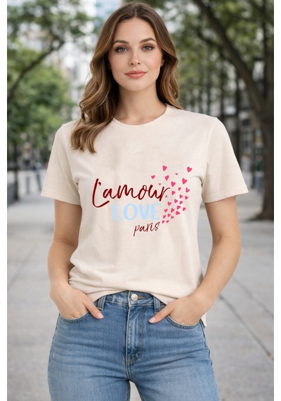 Herkesemoda Lamour Love Baskı Detaylı Basic T-shırt Bej