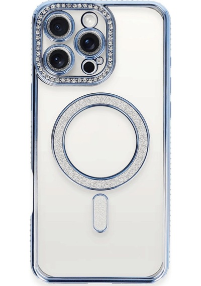 Apple Uyumlu iPhone 16 Pro Kılıf Joke Seri Magsafe Özellikli Taşlı Simli Silikon Kapak Mavi