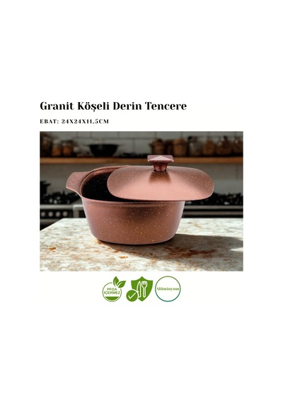 Katre 24 Cm Granit Köşeli Derin Tencere Alüminyum Kapak - Koyu Bakır