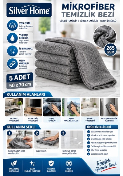 Silver Home 265 Gsm Havlu Gri Mikrofiber Temizlik Bezi 50x70 Cm 5 Adet
