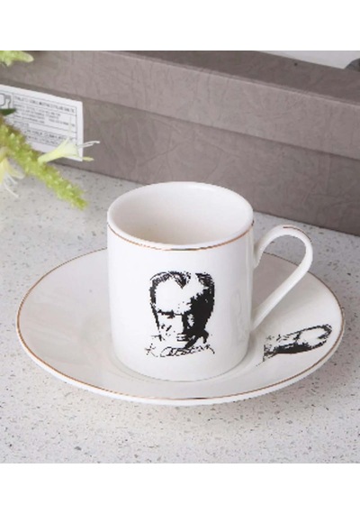 Porselen 2 Kişilik Türk Kahve Fincan Seti Atatürk Desenli İmzalı
