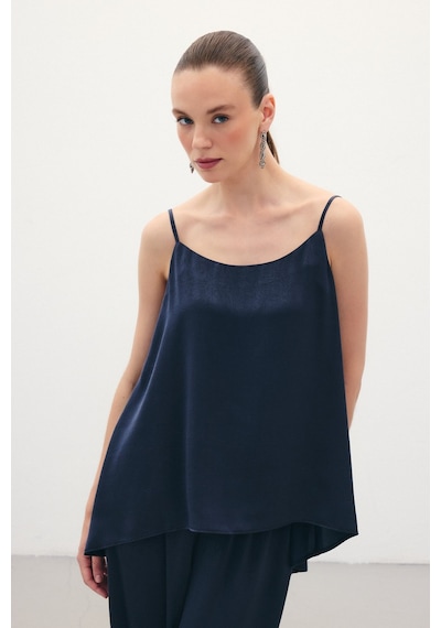 Sateen Askılı Saten Bluz - Lacivert-136351 Lacivert