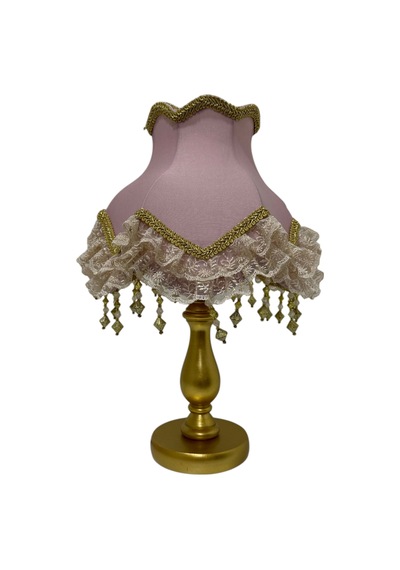 Pudra Pembe Gold Süslemeli Başlık Ahşap Gold Ayaklı Klasik Kadife Abajur 45x28cm