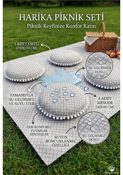 Su Geçirmez Piknik Örtüsü Ve Minder Seti 170x170 Cm Örtü 4 Adet Yuvarlak Ponponlu Minder Çok Renkli Su Geçirmez Piknik Örtüsü Ve Minder Seti 170x170 Cm Örtü 4 Adet Yuvarlak Ponponlu Minder Çok Renkli