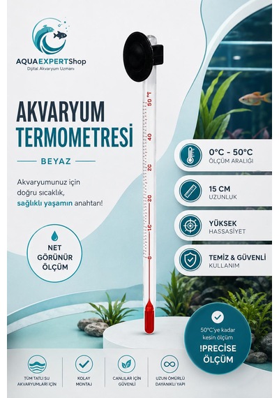 Akvaryum Termometre - Beyaz - Hassas Ölçüm - Cam Termometre - 0/50 Derece Arası Ölçüm - Net Görünür - Güçlü Vantuz