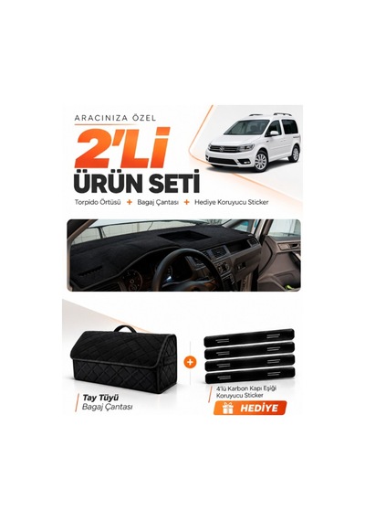 Volkswagen Caddy 2015-2019 Uyumlu Torpido Örtüsü + Tay Tüyü Bagaj Çantası + Sticker Seti - Siyah