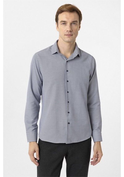 Süvari Lacivert Slim Fit Armürlü Klasik Yaka Gömlek-34380 Lacivert