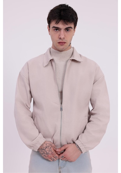 Erkek Gabardin Kumaş Fermuarlı Oversize Beli Lastikli Mevsimlik Ceket-265 Bej