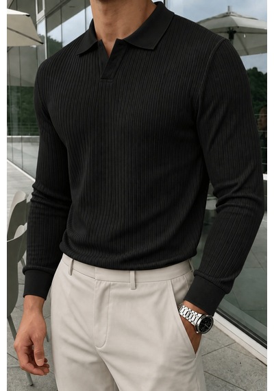 Genius Store Erkek Polo Yaka Kazak Fitilli Anti Pilling Tüylenme Yapmaz Regular Fit Erkek Triko Kazak Pyaka-kzk Siyah