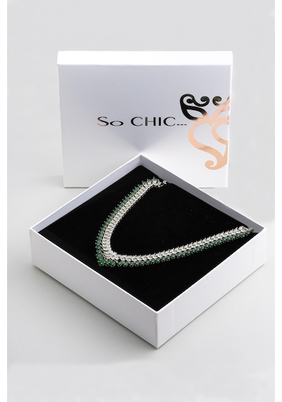 So Chic Elenora 18 Ayar Beyaz Alltın Kaplama 42 Cm Gümüş Zümrüt Renkli Gerdanlık Beyaz