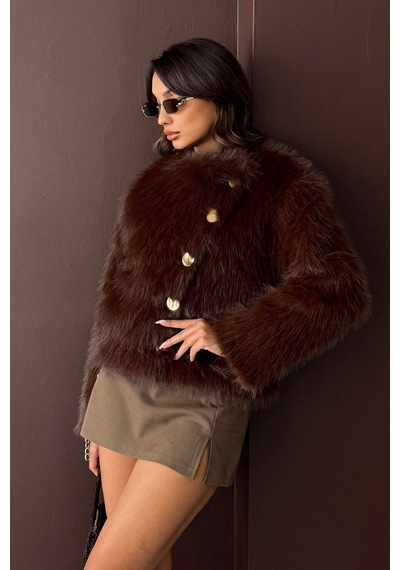 Verymoda Tavşan Tüyü Dügmeli Kaban F1970 Koyu Kahve
