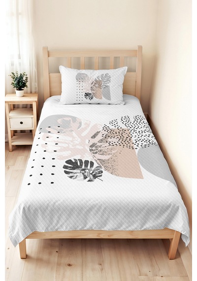 Botanik Gri Genç Odası Bohem Tek Kişilik Pike Takımı-minimal Pudra 160x220 Cm Kapitone Yatak Örtüsü Gölge Taş Örtüsü