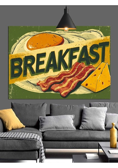 Yumurta Ve Ekmek Temalı Breakfast Yazısı Dekoratif Kanvas - Mdf Ahşap Tablo