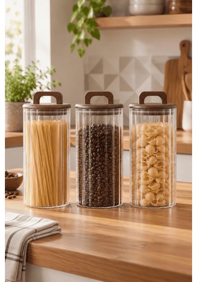 Atbyhome 3'lü Akasya Ahşap Kapaklı Çizgili Cam Kavanoz Seti 1250 Ml - Vakumlu Erzak Bakliyat Kabı Ahşap - Şeffaf