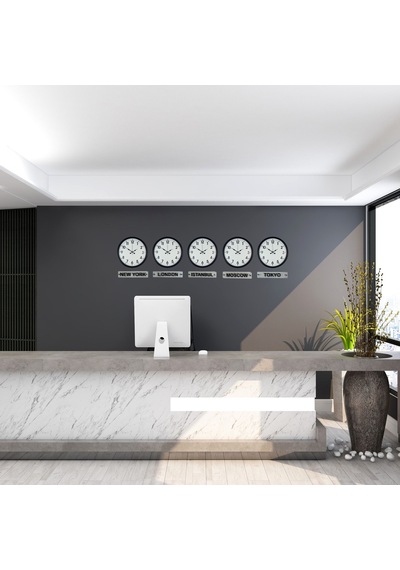 Executive Black 36 Cm 5 Li Tabelalı Dünya Saatleri Otel Ve Resepsiyon Saati Siyah