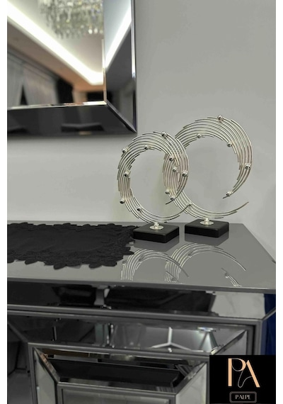 Gümüş 2'li Ofis Metal Aksesuar Biblo Ev Salon Dekorasyon Obje