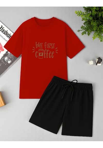 Uyguntarz But First Coffee Baskı Şort Takım Kırmızı