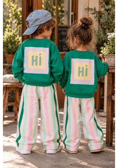 Hey Hi Sırt Kabartma Baskı Detaylı Sweatshirt Ve Renkli Çizgili Eşofman Kız & Erkek Çocuk Alt Üst Ta Yeşil