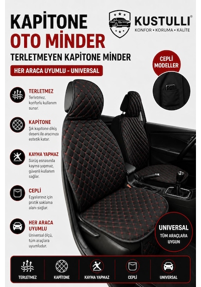 Kustulli 3'lü Pilot Kapitone Terletmeyen Oto Koltuk Minder Cepli Model Kırmızı Ön Arka Koltuk Minderi