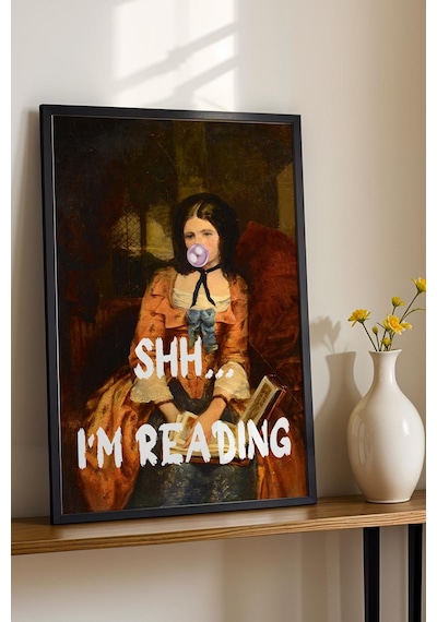 Saturn Shh I'm Reading Çerçeveli Tablo Klasik Portre Kitap Okuyan Kadın Kütüphane Ve Çalışma Odası Dekoru Altered Art