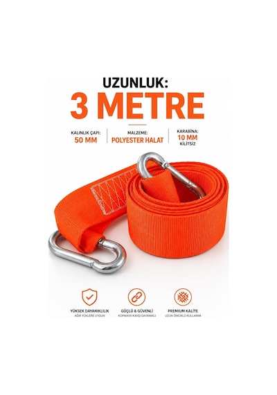 Çift Karabinalı 1 Adet Turuncu 3 Metre Dayanıklı Çekme Halatı 5 Cm Genişlikte Turuncu Çeki Halatı
