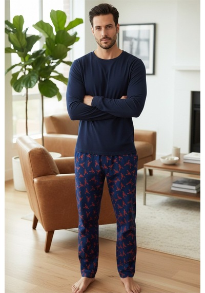 Siyah İnci Uzun Kollu Pamuklu Örme Pijama Takım 7972 Lacivert Istakoz
