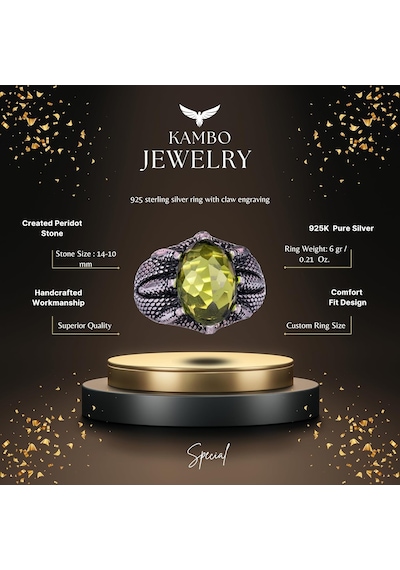 Sterling Gümüş Pençe Yüzük, Yaratılmış Peridot Taşı İle Gümüş