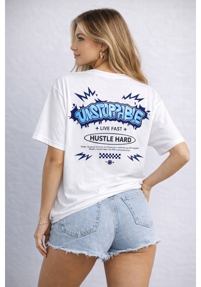 Herkesemoda Unstoppabie Ön Ve Arka Baskı Detaylı Basic T-shirt Beyaz