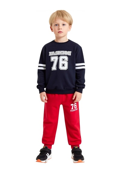 Ersefa Erkek Çocuk Pamuklu Slogan Detaylı Örme Sweatshirt Ve Eşofman Alt Lacivert