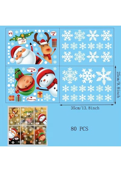 80 Adet Kar Tanesi Pencere Cam Yapışkanları, Noel Baba Geyik Çıkartmaları