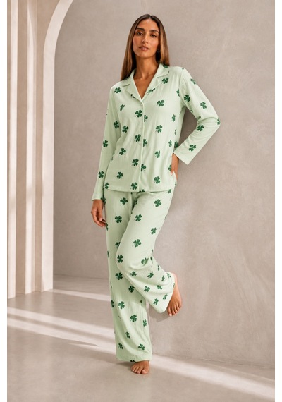Kadın Önden Düğmeli Uzun Kollu Alt Üst Yeşil Pijama Takımı