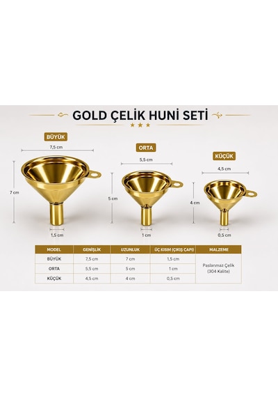 Morponi 3 Parça Paslanmaz Çelik Gold Huni Seti Büyük Orta Küçük Boy Mutfak Doldurma Hunisi