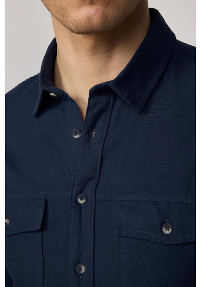 Tudors Slim Fit Uzun Kol Çift Cep Pamuk Keten Spor Yaka Lacivert Erkek Gömlek-29634-lacivert Lacivert