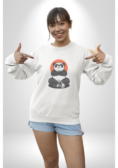 Yoga Panda Unisex Beyaz Baskılı Sweatshirt Beyaz