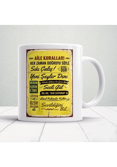 Aile Kuralları Yazılı Baskılı Kupa Bardak Beyaz