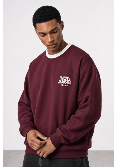 Respire Erkek Not Basic Project Baskılı Oversize Sweatshirt Bordo