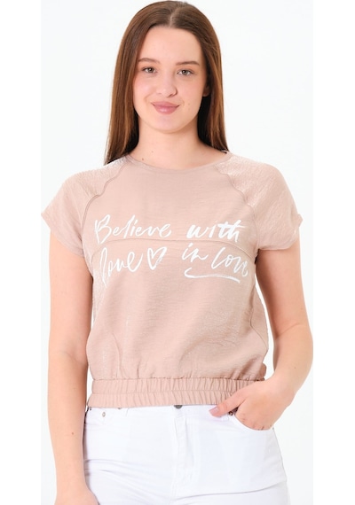 Sortie Collection Reglan Kollu Yazı Baskılı Beli Lastikli Bluz Bej