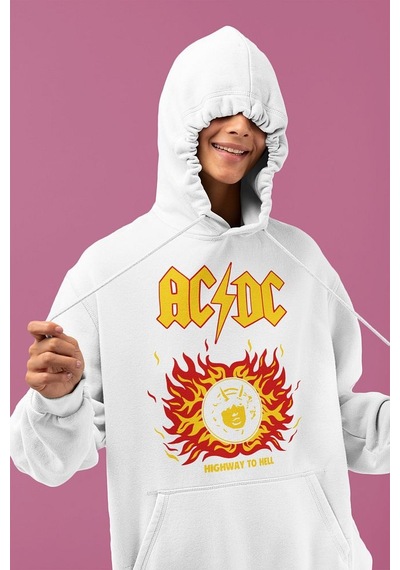 Sevbano Ac Dc Highway To Hell Baskılı Unisex Oversize Rock Metal Hoodie Beyaz