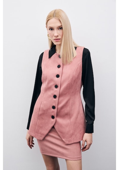 Sateen Düğmeli Uzun Süet Yelek - Pudra-135509 Pudra