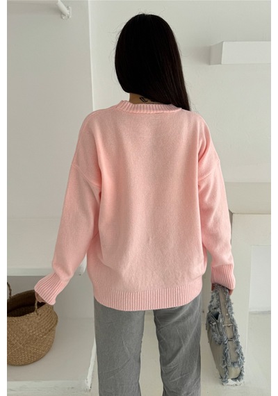 Femelle Kadın Pembe Standart Beden Oversize Basic Triko Kazak - 357bnd